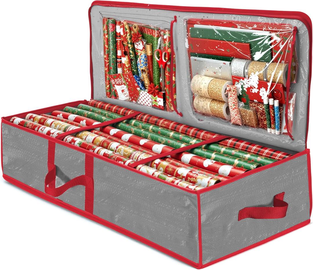 ZOBER Gift Wrapping Paper Organizer Storage - 40" Gift Wrap Storage Containers With Interior Pockets For Bows, Tags & Ribbons - Wrapping Paper Holder, Waterproof, Fits 24 Standard Rolls (Gray)