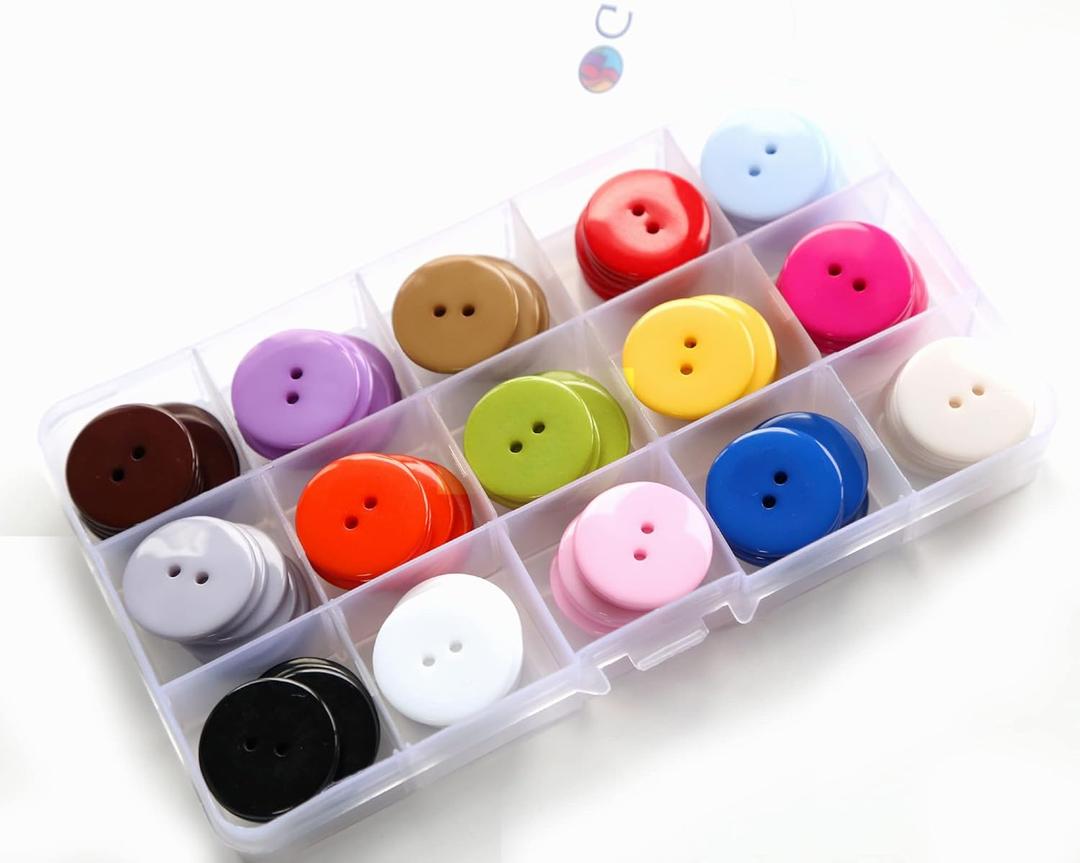1 Inch (25mm) 15 Colors Assorted Buttons 2 Holes Resin Button for Sewing and Craft Pack of 105pcs (Each Color 7 PCS)