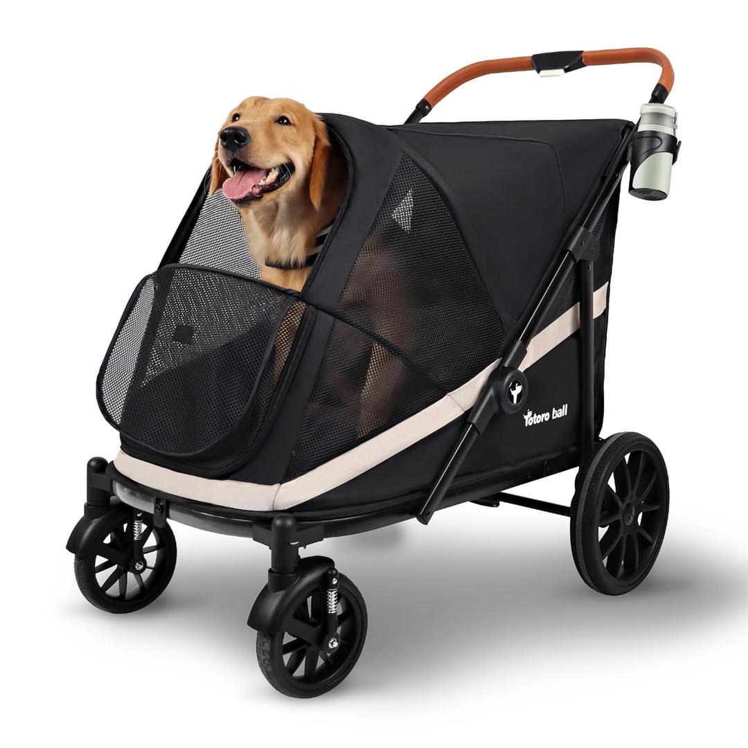 Dog Stroller for Large Dogs One-Click Folding 4 Wheel Foldable Dog Stroller for 2 Dogs with Storage Pocket Suitable for Pets Up to 80LBS (Black, Large)