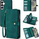 TwoHead for Samsung Galaxy S24 Wallet Case with Card Holder,Detachable Magnetic Phone Case for Galaxy S24,PU Leather Shockproof Protective Phone Cover Wallet with Wrist Strap(6.1 in,Green)