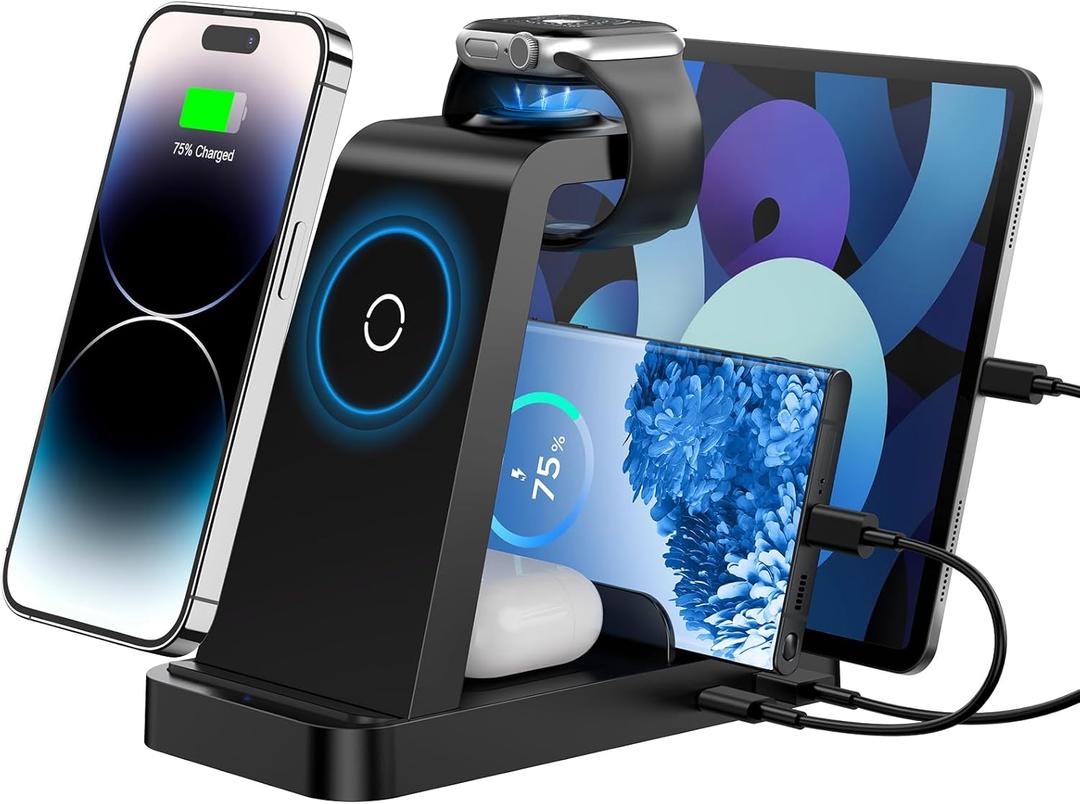 Wireless Charger for iPhone - 5 in 1 Charging Station for Multiple Devices Apple: Fast Wireless Charging Stand Dock for iPhone 16e 16 15 14 13 12 Pro Max Apple Watch Airpods (Black)