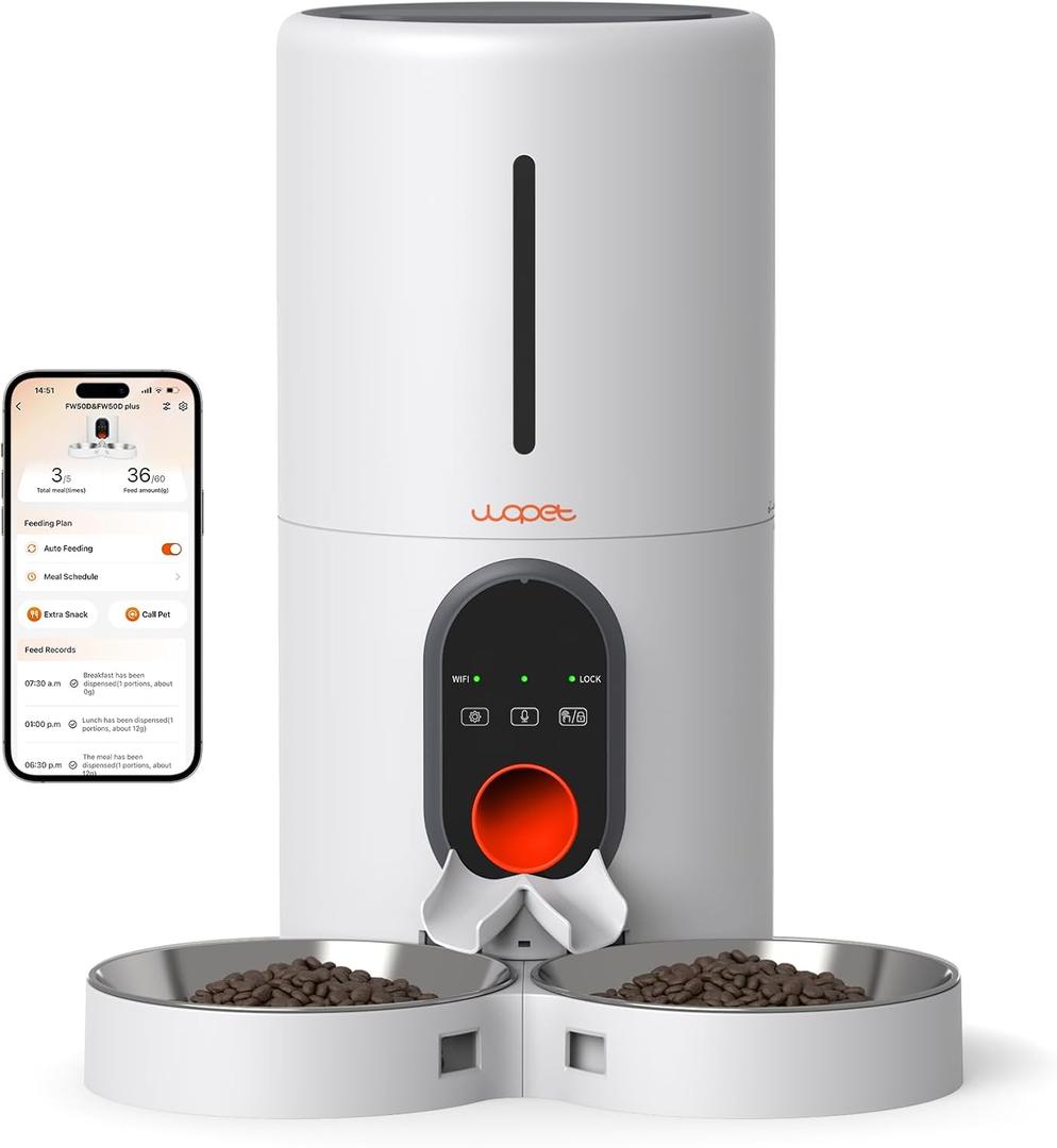 WOPET Automatic Cat Feeder, 5G WiFi Pet Feeder for Two Cats or Dogs with Remote Control, 6L Cat Food Dispenser with Low Food Sensor, 1-10 Meals Per Day, Up to 10s Meal Call for Pets (White)
