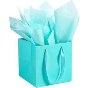 AZOWA Teal Square Gift Bags with Tissue - 8 Inch Teal Blue Square Paper Bags with Handles for Party Favors (10 PCS, 8x8x8 in)