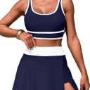 Women's High Waisted Bikini Sets Tummy Control Swim Skirt Two Piece Swim Suit Tummy Control Color Block Bathing Suit (Dark Blue2, Small)