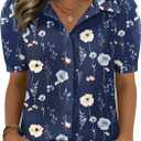 Zeagoo Women Button Down Shirts Puff Short Sleeve Blouses Chiffon Tops Business Casual Outfits Summer Clothes (Blue, M)