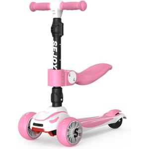 Sejoy Toddler Kick Scooter for Kids with 3 Wheels Extra-Wide Childrens Foldable Toy Scooter with Adjustable Height/Handlebars & Folding Seat for Kids Ages 3+ (Pink)