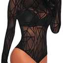 SEBOWEL Women Long Sleeves Mesh See Through Jumpsuit Bodysuit Top Leotard, Medium, Black 