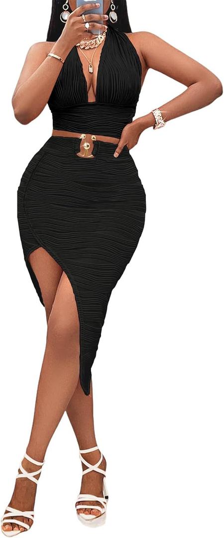 Womens 2 Piece Outfits Sexy Club Outwear Night Out Crop Top and Bodycon Skirt Set Dresses (Medium, 6903 Black)