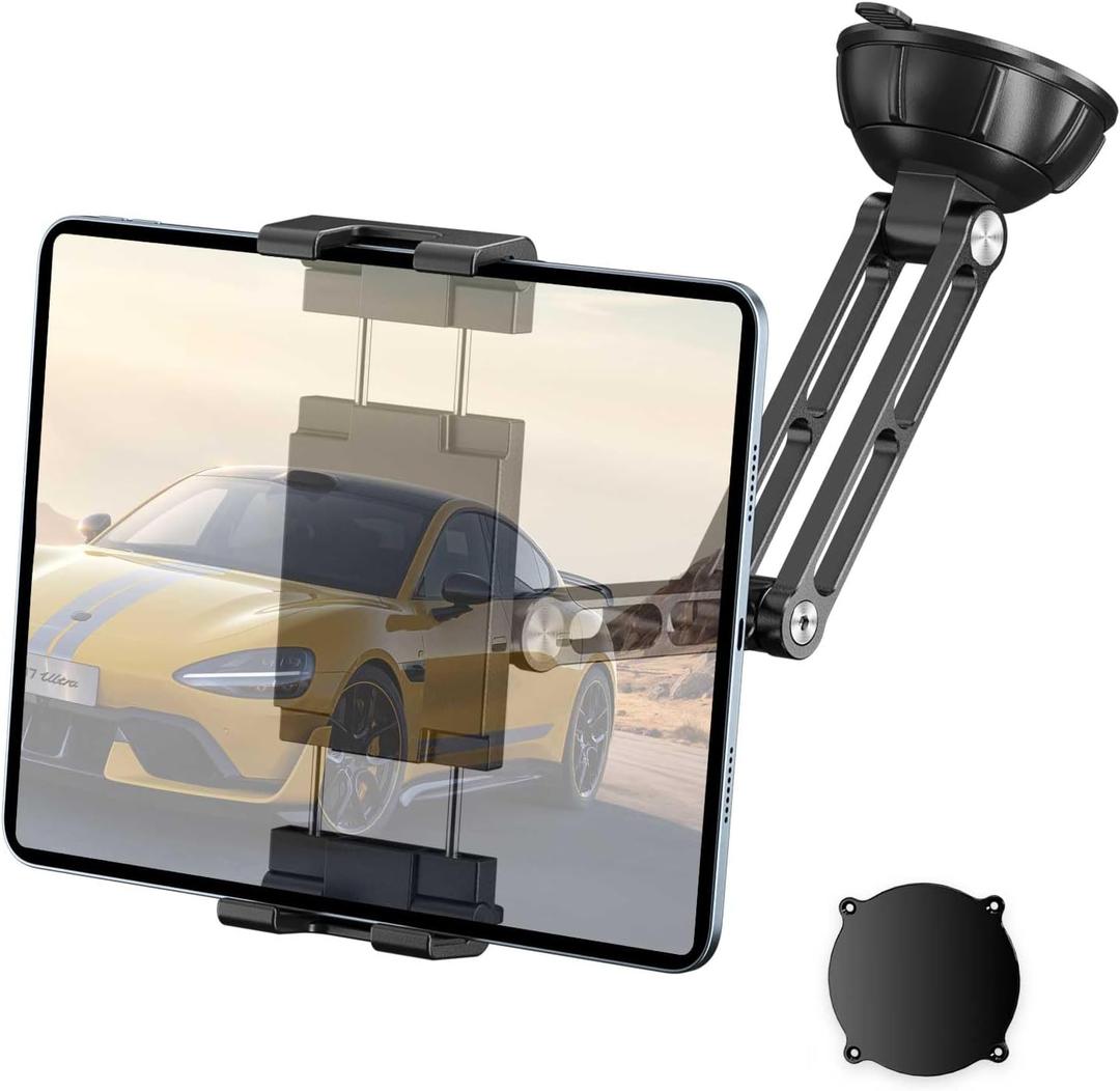PLDHPRO Tablet Holder for Car Dashboard Windshield, Suction Cup iPad Mount for Truck Semi and All 5.1-15.6'' iPad Pro Air Mini Galaxy Tab, Road Trip Essentials Stand - Aluminum Folding Arm: 8 inch