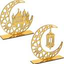2 Pieces Acrylic Ramadan Decorations Islamic Eid Mubarak Kareem Table Sign Moon Hollow Star Ornament for Muslim Party Tabletop Decor Home Art Craft Decoration Golden Moon