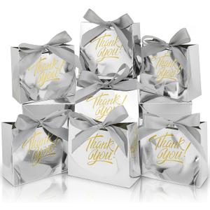 100 Pack Small Thank You Gift Bags, 4.5x1.8x3.9in Party Favor Bags Boxes with Bow Ribbon, Small Paper Gift Bags with Gold Foil Printed, Mini Candy Treat Bags for Birthday Wedding Party Holiday