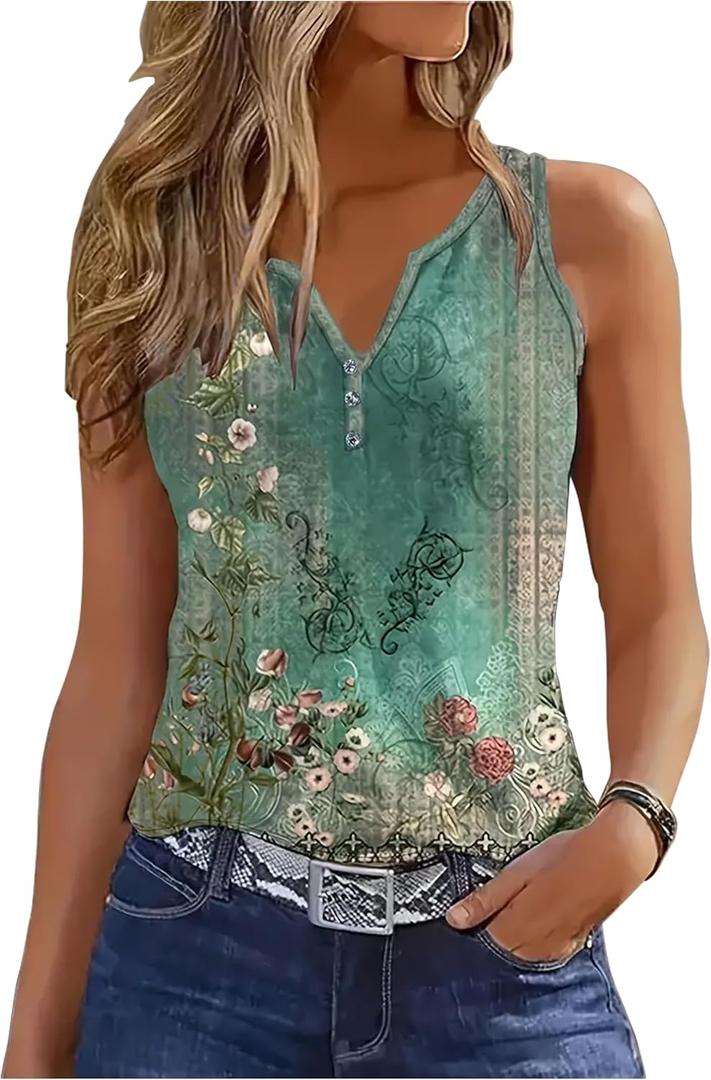 V Neck Tank Tops for Women Summer Casual Button Down Sleeveless T Shirts Casual Loose Tops Clothes Outfits (X-Large, Floral Green-1)
