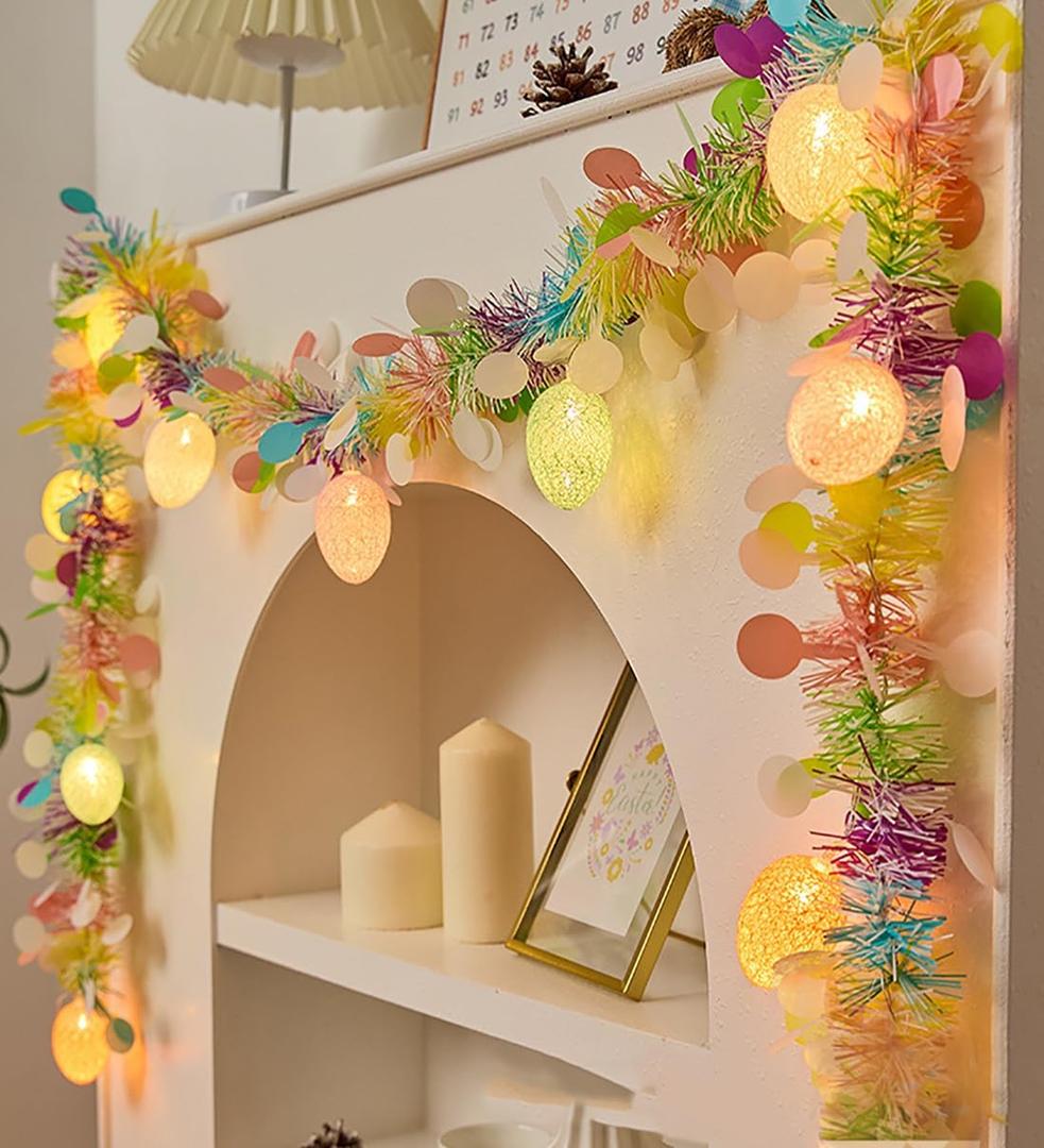 Easter Garland Lighting Decor Glitter Tinsel Spring Garland 6Ft 10 Easter Egg Lights String Decorations for Tree Mantle Fireplace Bedroom Office Classroom Party Garland Eggs Lights String