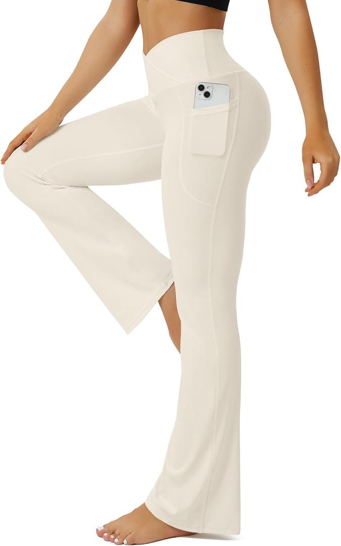 FOHOFO Yoga Pants Women, Flare Leggings for Women with Pockets Crossover High Waisted Bootcut Yoga Pants (Beige)