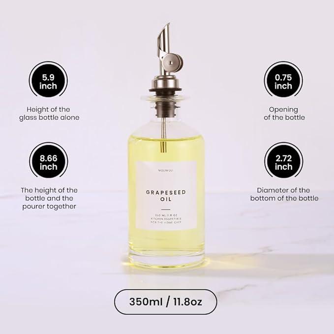 Molimoli Olive Oil Dispenser Bottle for Kitchen, Oil Dispenser w. Weighted Pourer, Glass Bottle Dispenser for Kitchen, Olive Oil Cruet, Glass Olive Oil Bottle | 350ml, Set of 3 (Silver)