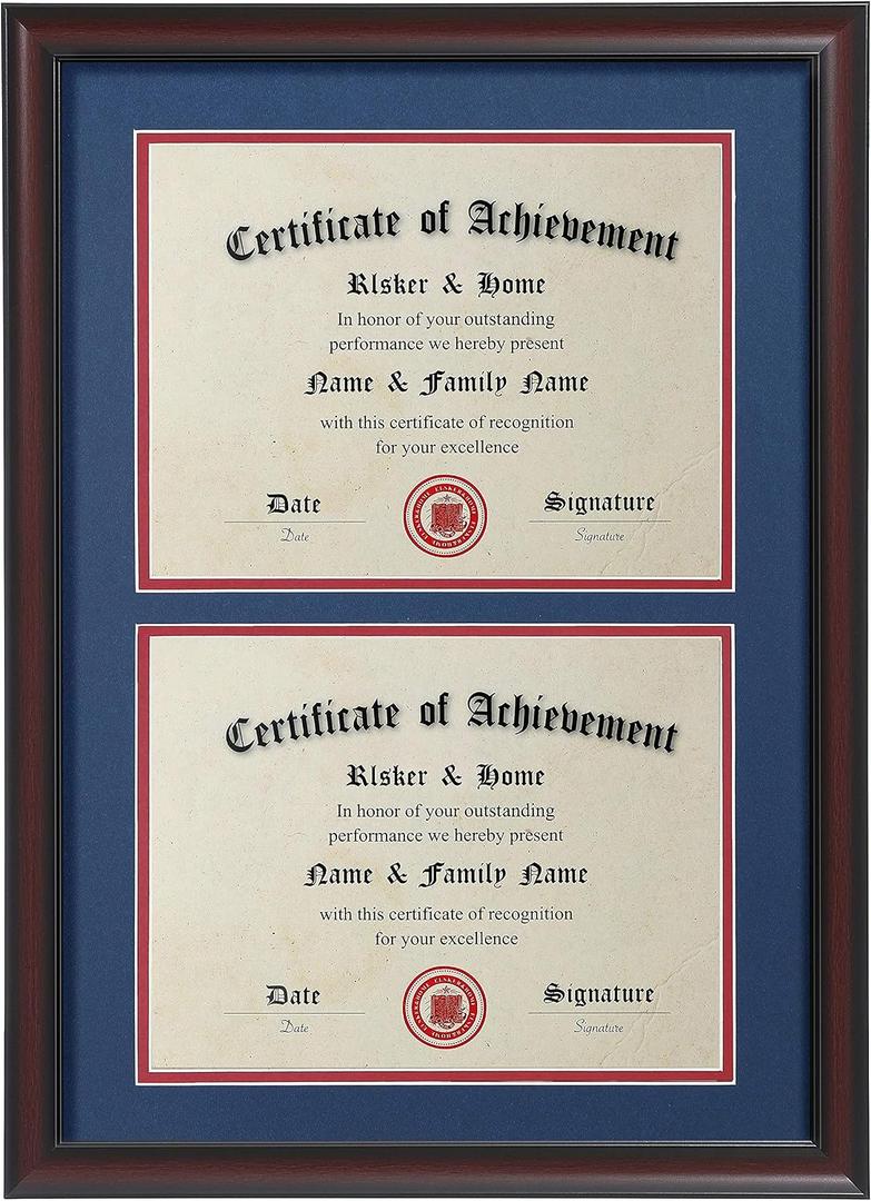 ELSKER&HOME Double Certificate Frame-Cherry Wood Color - 2.0mm Panels-Made for Document&diploma For TWO 8.5x11 Inch with Mat and 14x20 Inch without Mat(Double Mat,Navy with Red Rim)