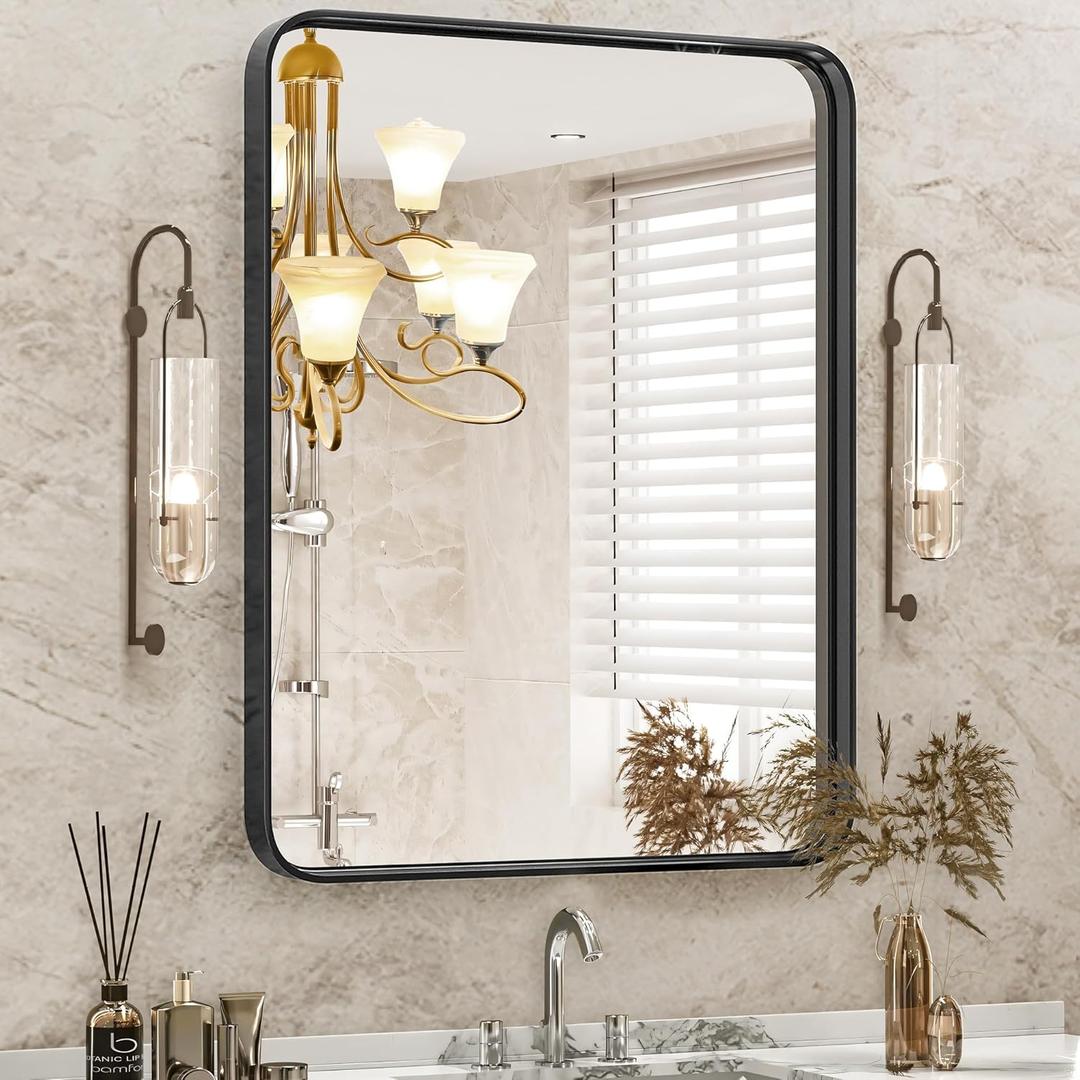 DUMOS Black Metal Framed Vanity Rounded Rectangle Bathroom Mirrors for Over Sink Wall, 36x24 Inch Large Matte Mirror, Modern Decorative for Restroom, Farmhouse, Horizontally or Vertically Hanging (36"L x 24"W, Matte Black)