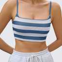 Aoysky Womens Striped Square Neck Sports Bras Spaghetti Straps Ribbed Padded Low Impact Yoga Workout Camisole Dark Blue, XS