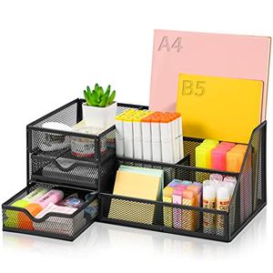 Lavatino Larger Mesh Desk Organizer with Drawers, Multifunctional Desk Organizers and Accessories with 6 compartments + 2 Drawer, Office Desktop Organization for supplies (Black)