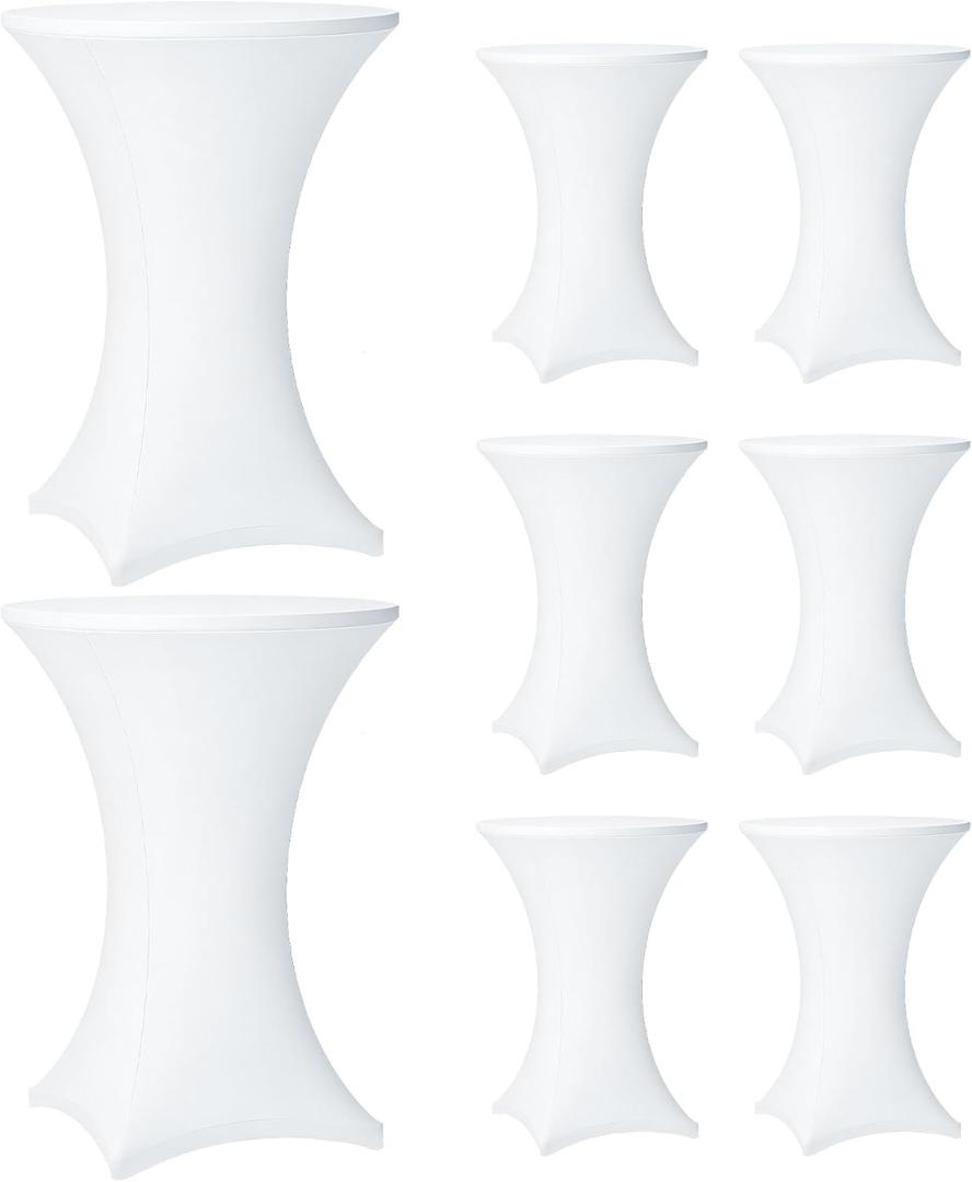 Cocktail Table Covers - 8 Pack 32x43 Inch Table Cloth - White Fitted Stretch Spandex Round High Top Tablecloth for Party, Bar, Birthday, Pub, Banquet