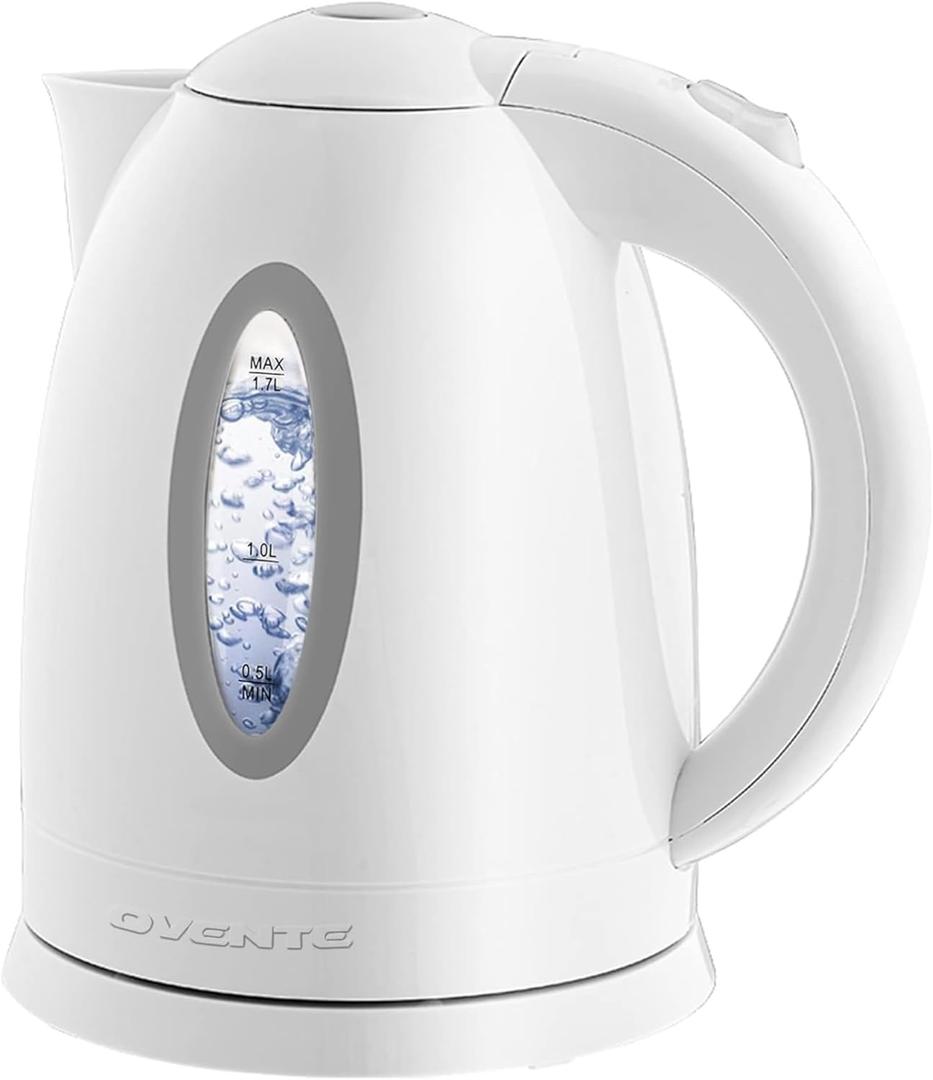 OVENTE Electric Kettle, 1.7L Fast Boiling Water Heater for Coffee or Tea, BPA Free with Water Level Gauge, Auto Shut-Off, Boil-Dry Protection, Indicator Light and Removable Filter, White KP72W