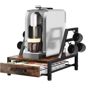 K Cup Holder Drawer - Coffee Pod Organizer for Counter, Sturdy k cups Storage Drawer with Mug Rack, Coffee Maker Stand, 35 Capacity Pods, Home Kitchen Counter Organizer, Rustic Brown (One layer)