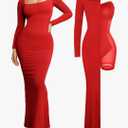 Popilush Women's Long Sleeve Maxi Dress Built-in Shapewear Bra Square Neck Fall Formal Wedding Guest Cocktail Bodycon Dresses. Small