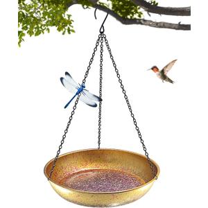 Hanging Bird Bath for Outside Metal Birdbath 11 Inch for Birds to Seed Bathe Drink Decor Bird Bath Gold to Iridescent Pink Gradient Decor for Garden Back Yard Patio Attracts Hummingbirds & Finches