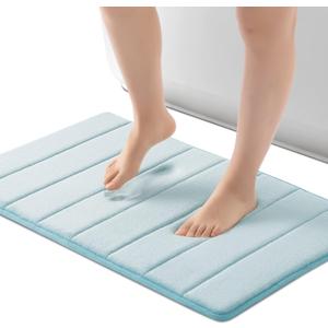 ROSMARUS Memory Foam Bath Mat 17' x 24', Water Absorbent Shower Mat, Thick Non Slip Bath Rugs with PVC Backing, Ultra Soft Bathroom Rugs for Floor & Tub, Aqua Blue
