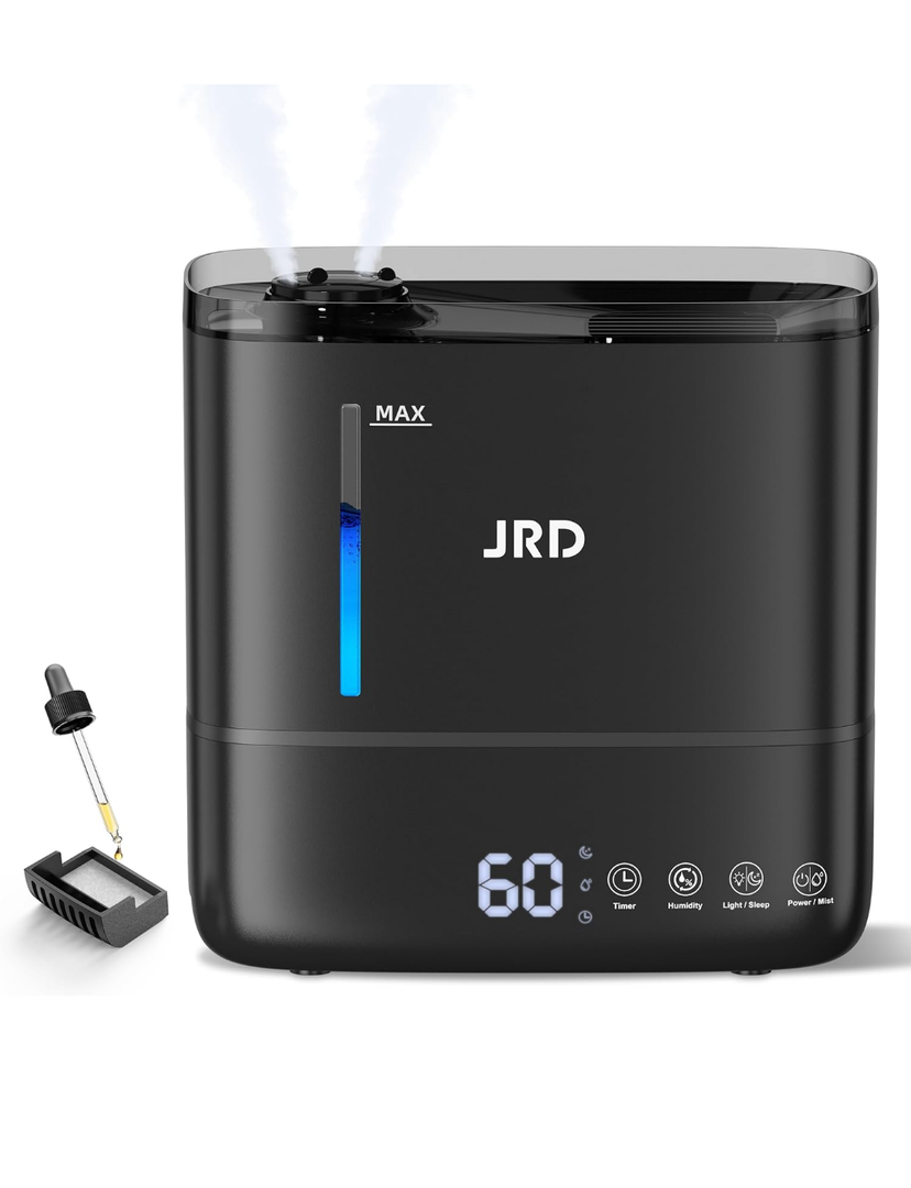 JRD Humidifiers for Bedroom, Ultrasonic Humidifier 4L for Large Room, Cool Mist Top-Fill, 40H Run, 12H Timer, 360° Nozzle, Aroma Diffuser, 7-Color Night Light for Home, Office, Baby, Pets, Plants