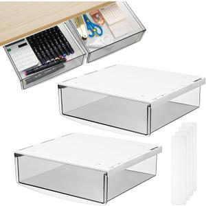 SOUJOY 2 Pack Self-adhesive Under Desk Drawer, Hidden Slide Out Organizer Tray, Plastic Under Table Attachable Hidden Storage Organizer for Office Home School Kitchen Sewing Table