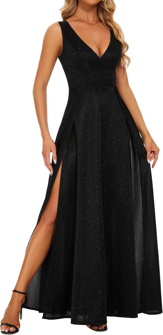 Formal Dress Elegant Evening Long Black Dress for Women Party V Neck High Slit Wedding Guest Dress (Small)