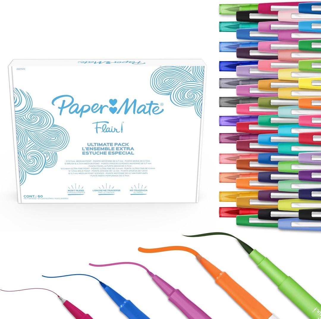 Paper Mate Flair Felt Tip Pens Ultimate Pack, Features 5 Different Types of Pens, Assorted Colors, 60 Count - Creative Fun, Classroom Essentials, Teacher Supplies, Arts & Crafts