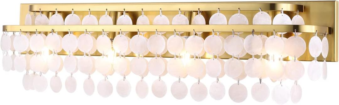 TOCHIC Bathroom Vanity Light with Natural Capiz Shell Shade, Brushed Gold Coastal 4 Lights Vanity Light, Modern Wall Mount Lighting Fixture for Mirror Cabinets, Powder Room, Bedroom Living Room 30 W