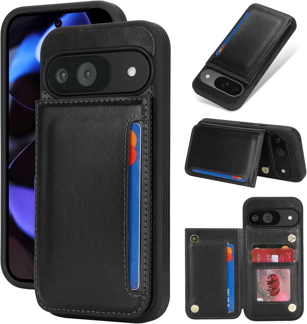 iCoverCase Compatible with Google Pixel 9/9 Pro Case with Card Holder, Wallet Phone Case for Women Men [RFID Blocking] PU Leather Protective Wallet Case for Pixel 9/9 Pro (Black)