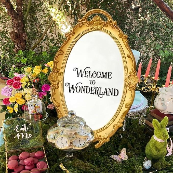 Threehoney Wonderland Tea Party Decoration Vintage Oval Mirror 15.4 x 9.4 Inch Golden Mirror for Tea Party Decoration Birthday Baby Shower Women Wedding Dinner Supplies(Welcome to Wonderland)