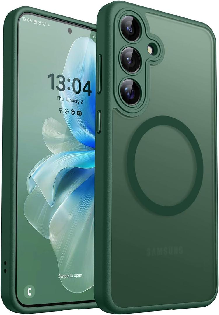 CANSHN Designed for Samsung Galaxy S25 Plus Case (2025) [Full Camera Protection] [Compatible with Magsafe] Translucent Matte Back Protective Phone Cover, Deep Green
