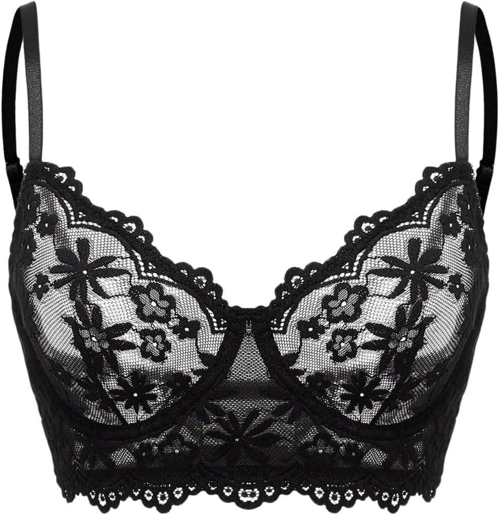 SOLY HUX Women's Lace Bra Sexy See Through Bralettes Underwire Unlined Sheer Push Up Bras (Plain Black) S SOLY HUX Women's Lace Bra Sexy See Through Bralettes Underwire Unlined Sheer Push Up Bras (Plain Black) S