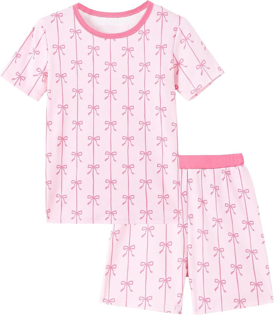 Mikrdoo Girls Pajamas 2-Piece Summer Soft Cotton Short Sleeve Toddler Sleepwear Snug Fit PJs for Kids Size 2-14 Years (Pink)