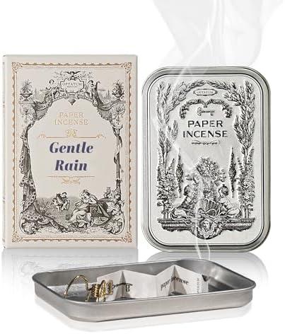 Paper Incense - 47pcs with Vintage Tin Case, Burning Papers Infused with Natural Essential Oils, Quick Usage & Long-Lasting Fragrance, Eliminating Bathroom, Kitchen, Pet Odors - Gentle Rain