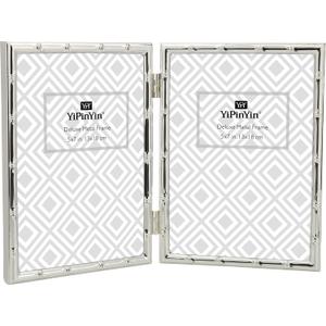 5x7'' Bamboo Detail Double Photo Frames, Silver double Metal Picture Frame 7x5'', Elegant Thin Edge Photo Frames 5x7'' With Soft Velvet Backing and Real Glass Front for Desktop