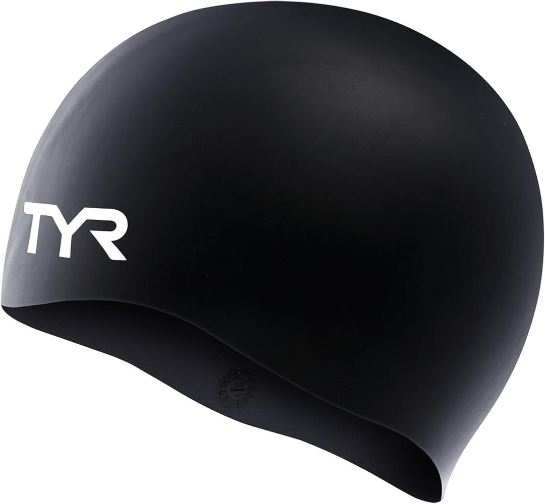 TYR Adult Wrinkle Free Silicone Swim Cap for Drag Reduction and Hair Protection (Black)
