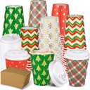 300 Pcs/100 Sets Christmas Coffee Cups with Lids and Sleeves 12 oz Disposable Christmas Paper Cups Party Drinking Cups for Hot and Cold Drinks Chocolate Coffee Tea Beverage Bar Supplies (Shiny)
