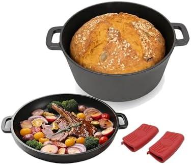 5 Quart Cast Iron Dutch Oven with Skillet Lid Pan, 2-In-1 Pre-Seasoned Cast Iron Skillet Cookware Pan Set with Anti - Scald Silicone Handle Pads, Outdoor Caming Oven, Campfire & Stovetop Safe, Heavy Duty Oven