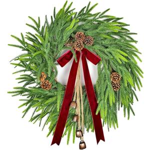28 Inch Real Touch Norfolk Pine Christmas Wreath with Pine Cones, Bells & Bow  Double Ring Winter Wreath for Front Door, Porch, Wall & All-Season Home Dcor