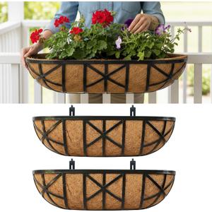 LaLaGreen 24 Inch, 2 Pack Railing Planters with Adjustable Mounting Brackets Black Metal Window Planter Boxes for Outdoor Gardening, Wall-Mount Flower Pots, Balcony Fence Patio, Porch, Garden