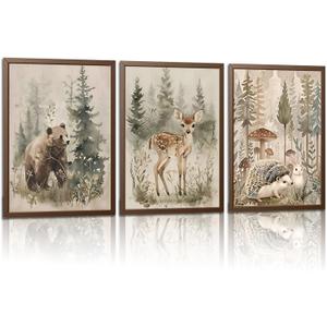 3 Pcs Woodland Nursery Wall Art Wild Animals Forest Wall Decor Pictures Adventure Theme painting Deer Bear Canvas Posters Prints for Boys Room Girls Room Home Decoration Unframed 16inx24in