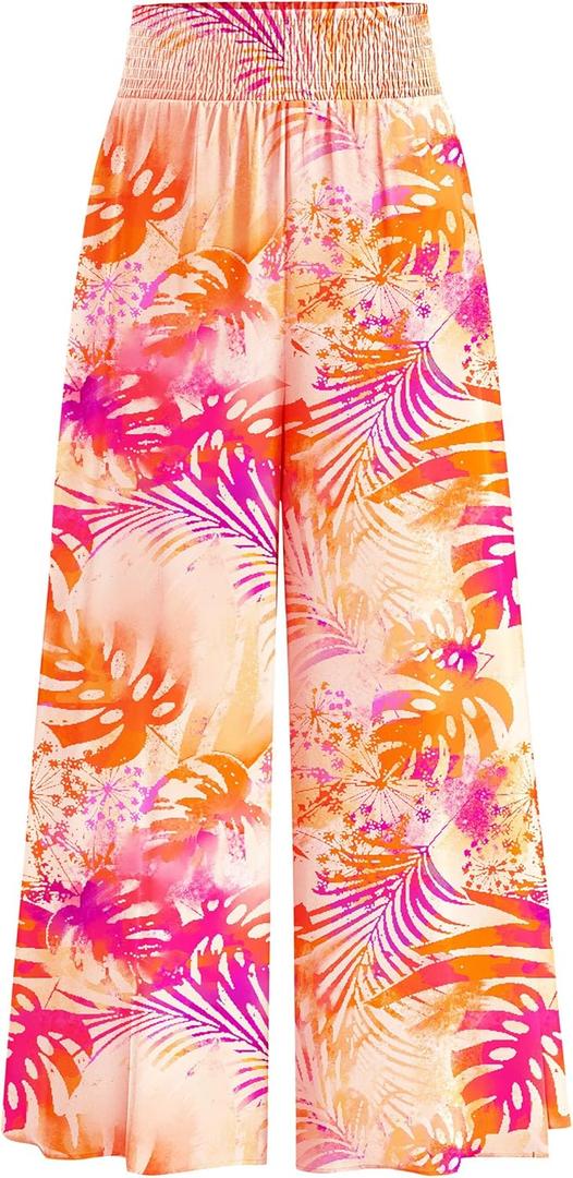 PRETTYGARDEN Women's 2025 Summer Flowy Wide Leg Palazzo Pants Dressy Casual Elastic High Waisted Pockets Boho Beach Trousers (Floral White Multicolored,Small) (S)