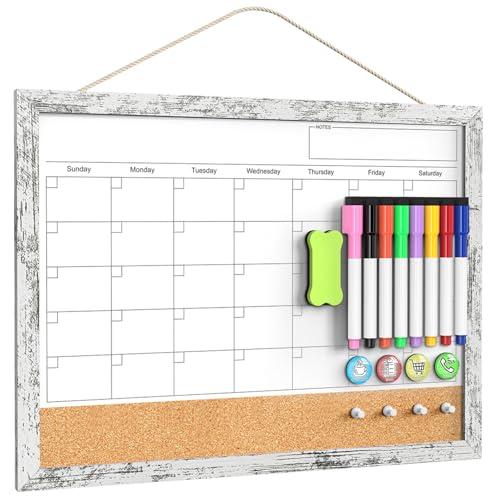 Dry Erase Calendar for Wall, 17x13 Inches Whiteboard Calendar Cork Board Combo, Magnetic Small White Board with Wood Framed, Hanging Dry Erase Board for Office Kitchen Home Planner Memo
