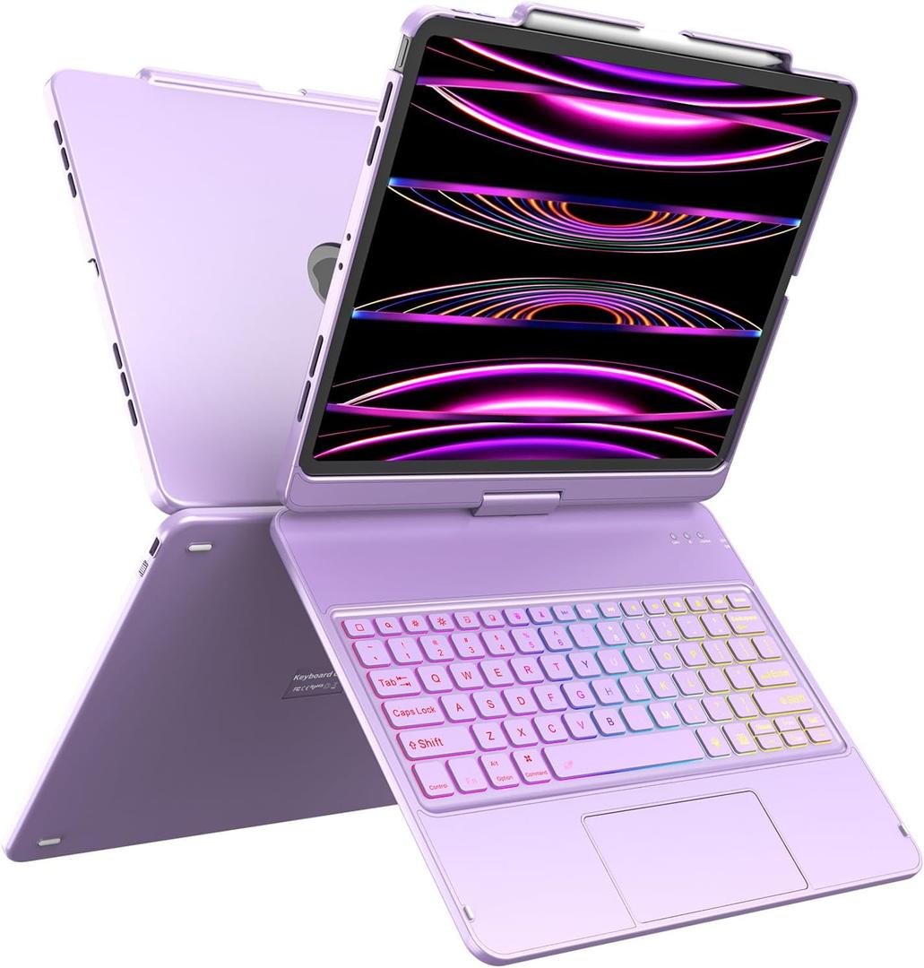 Keyboard Case for iPad Air 13 inch (M4/M3/M2, 2026/2025/2024), Multi-Touch Trackpad Backlit Keyboard for iPad Pro 12.9 (6th, 5th, 4th, 3rd Gen)-360 Protective Case with Pencil Holder (Purple)
